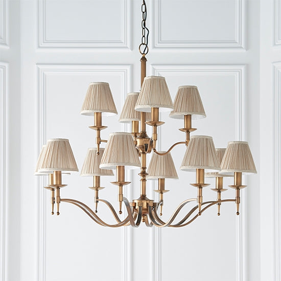 Stanford 12 Lights Beige Shades Ceiling Pendant Light In Antique Brass