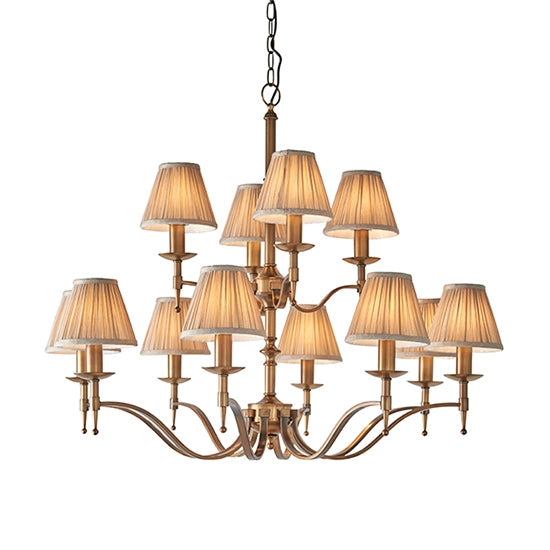 Stanford 12 Lights Beige Shades Ceiling Pendant Light In Antique Brass