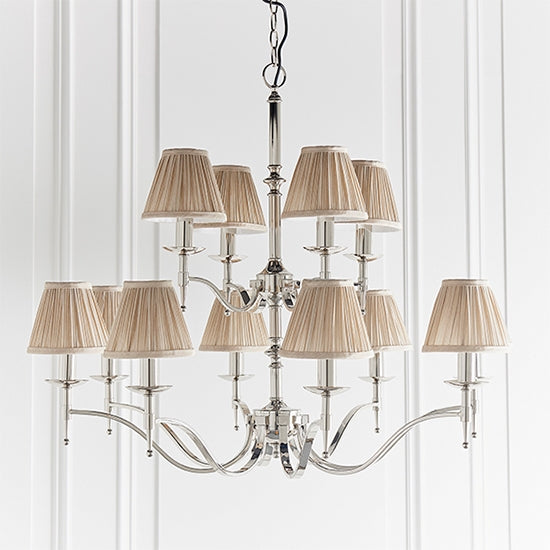 Stanford 12 Lights Beige Shades Ceiling Pendant Light In Polished Nickel