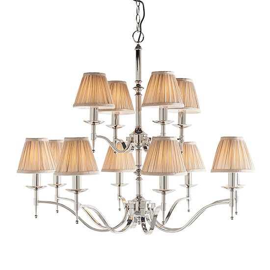 Stanford 12 Lights Beige Shades Ceiling Pendant Light In Polished Nickel