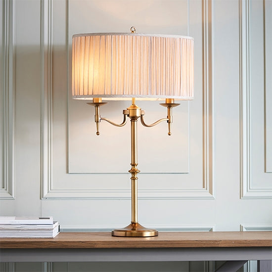 Stanford Beige Fabric Shade Table Lamp In Antique Brass