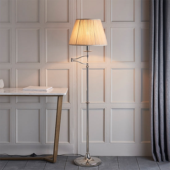 Stanford Swing Arm Beige Shade Floor Lamp In Polished Nickel