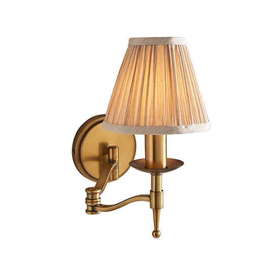 Stanford Swing Arm Beige Shade Wall Light In Antique Brass