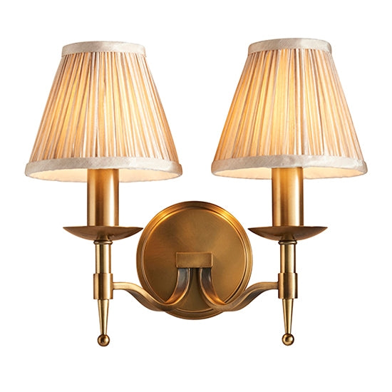 Stanford Twin Beige Shade Wall Light In Antique Brass