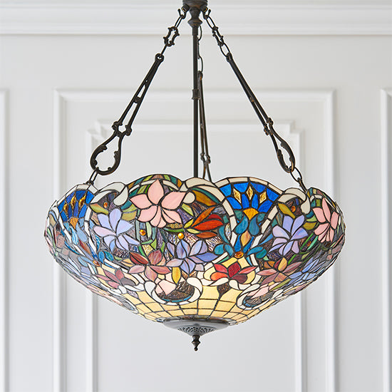 Sullivan Large Inverted Tiffany Glass 3 Lights Ceiling Pendant Light In Dark Bronze