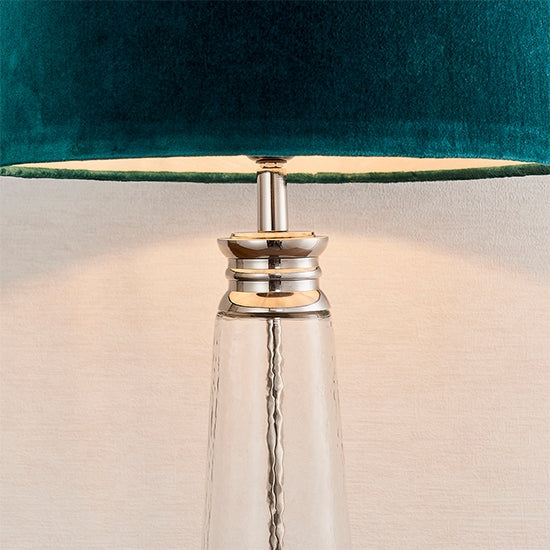 Winslet Teal Velvet Tapered Shade Table Lamp In Clear Glass Base